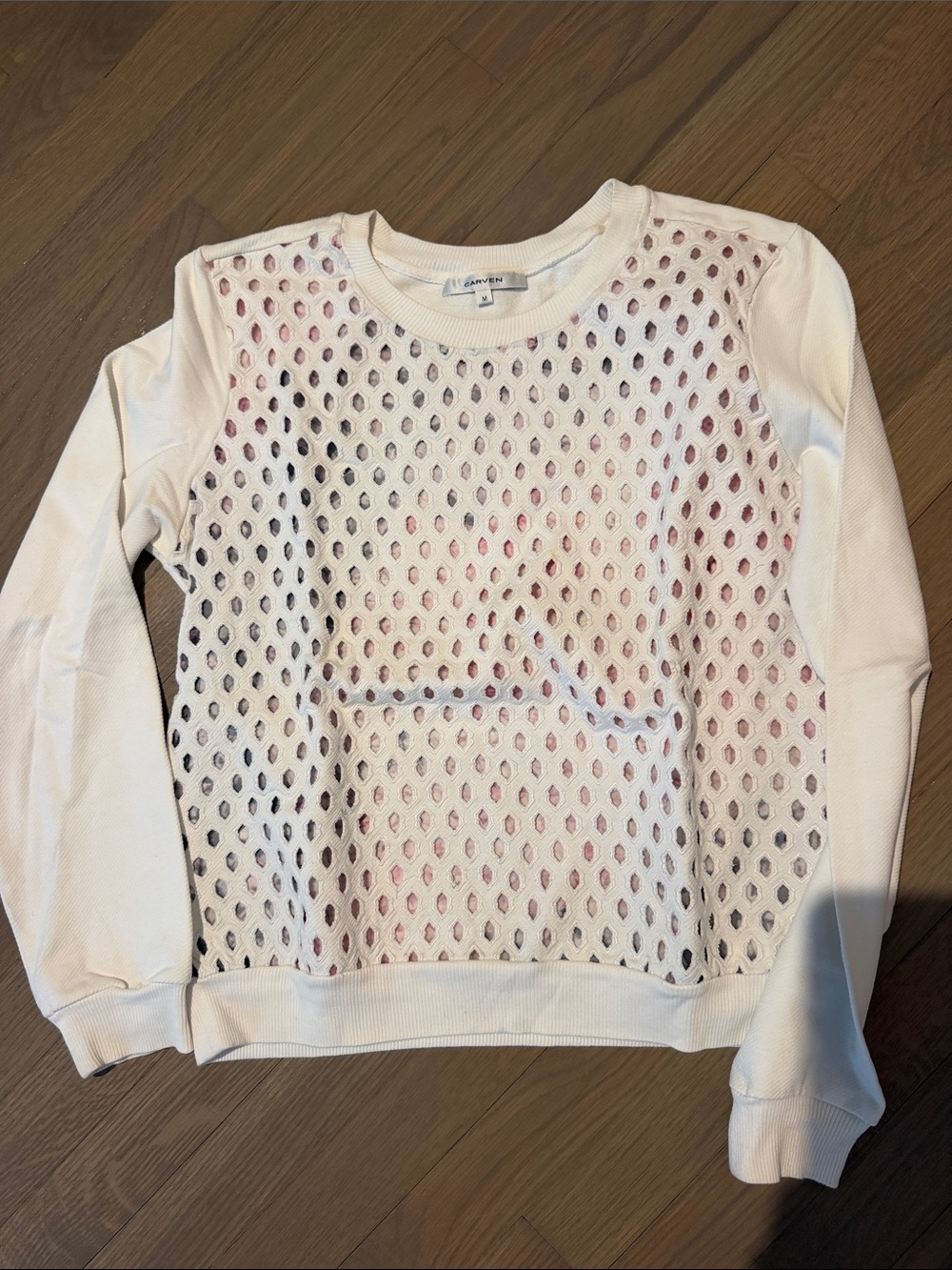 Carven Geometric Knit Crewneck in Cream & Pink Size Medium